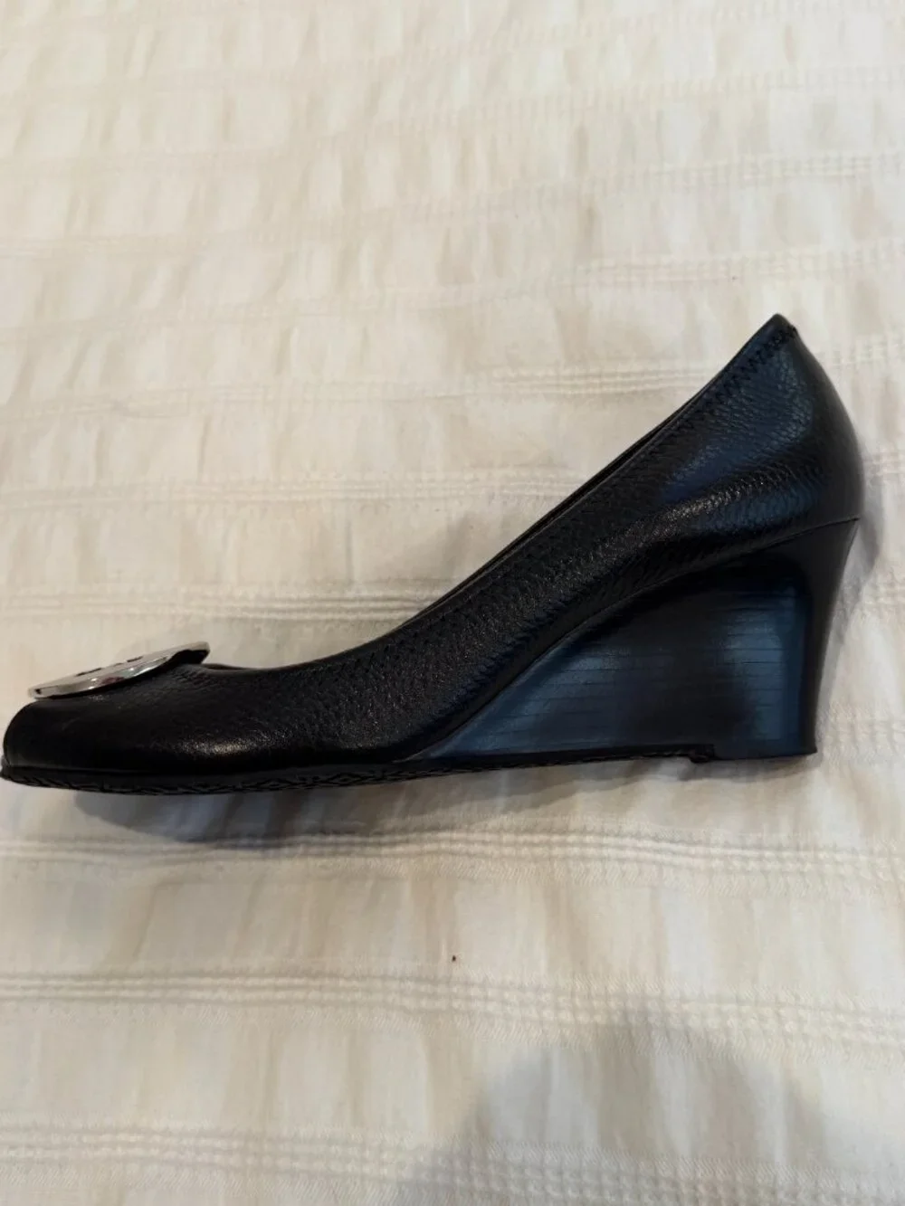 Tory Burch Sally Peep-Toe Leather Wedge Pumps Black Size 8M